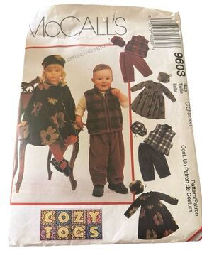 Vintage McCall’s 9603 Cozy Togs Sewing Pattern Toddler Dress vest hat 2-4 UNCUT